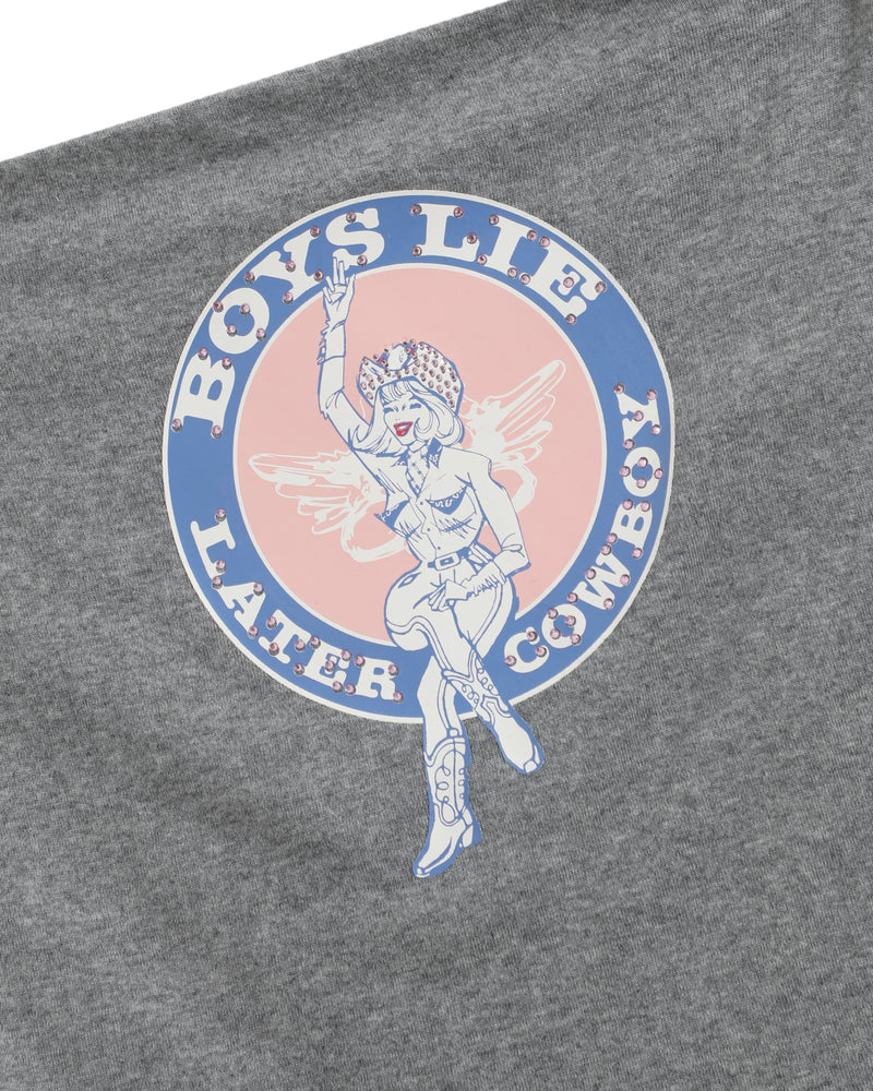 Gray tube top featuring a playful cowboy graphic with a pink background, perfect for trendy Long Island boutique fashion.