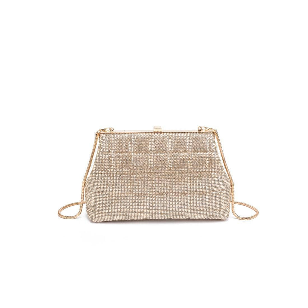 Karla Evening Bag in gold rhinestone mesh with chain strap and clasp closure — elegant, sparkling clutch available at TandyWear Boutique in Commack, NY.