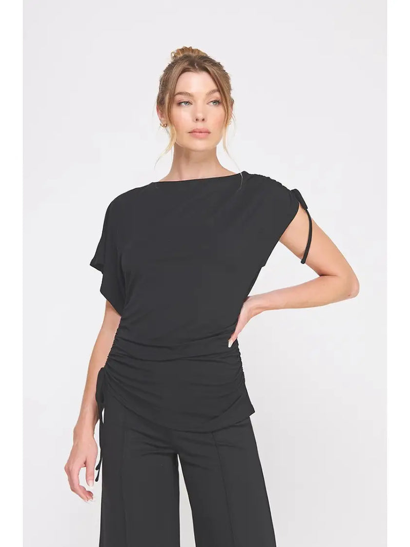 “Soft black modal knit asymmetric ruched tie top – trendy women’s blouse from TandyWear front view 