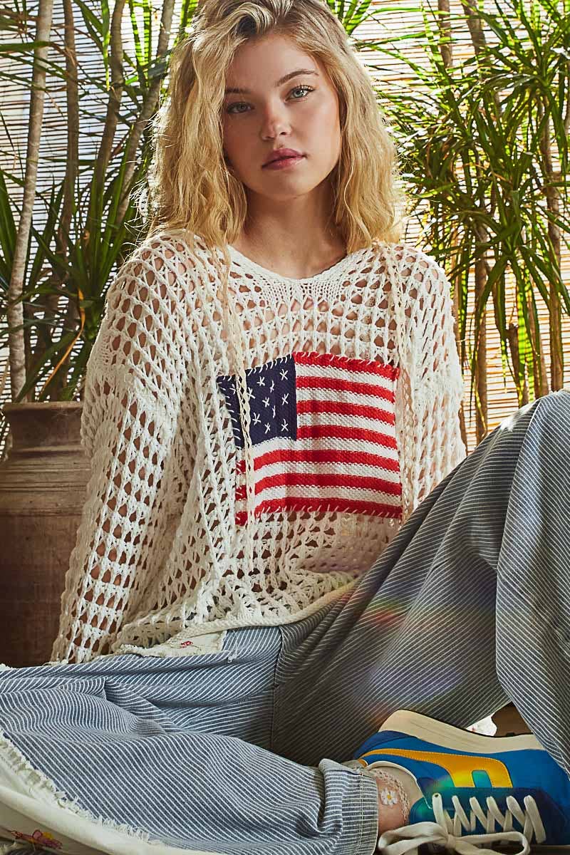Long Sleeve American Flag Hoodie Thin Sweater Top