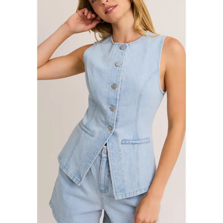 Button Front Sleeveless Denim Top