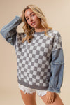 Washed Denim Sleeve Checker Sweater