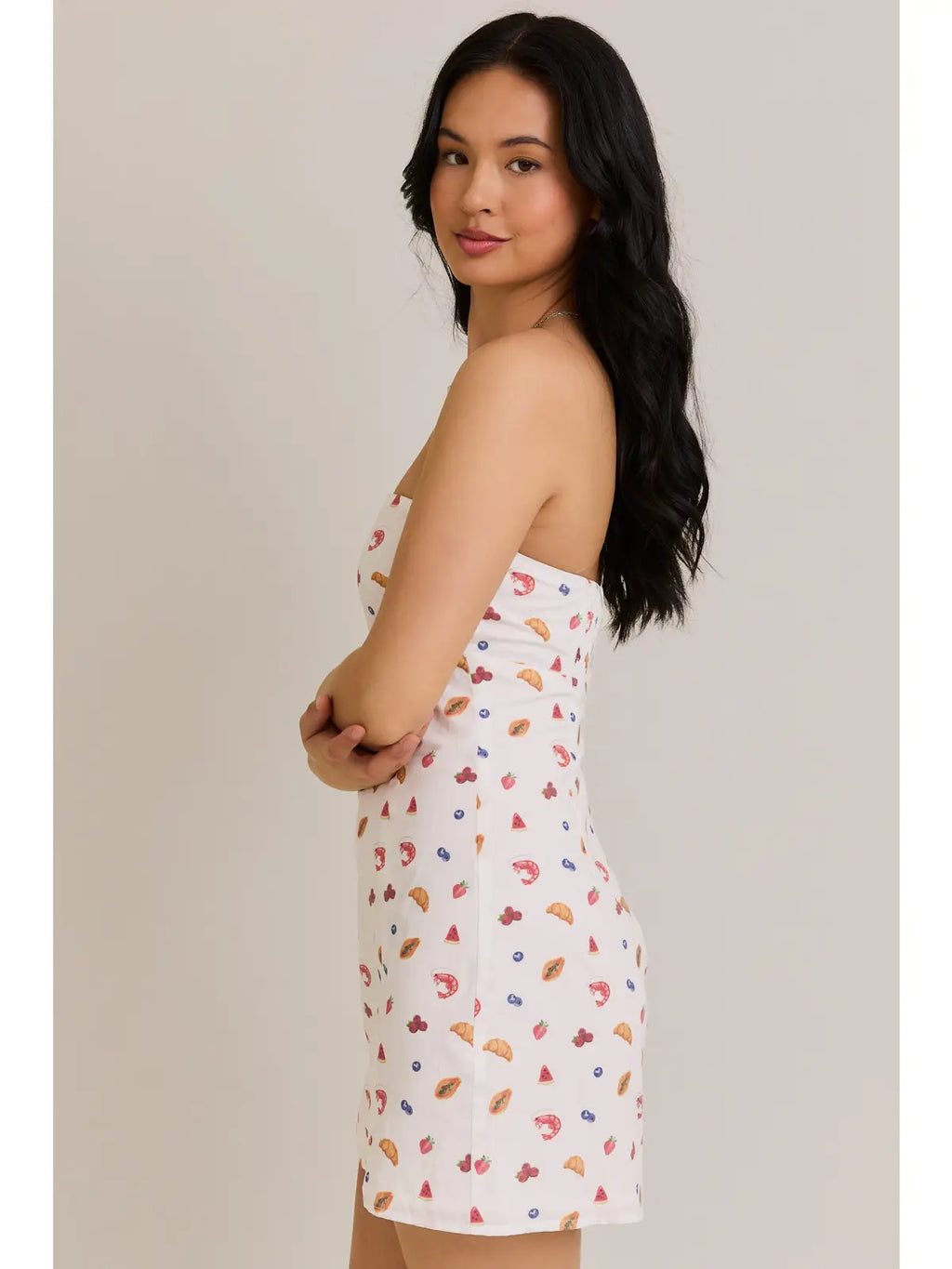 Strapless Smocked Back Food Mix Graphic Mini Dress