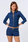 Ruched Long Sleeve Polo Denim Zip-Up