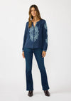 Navy blue embroidered raglan button blouse featuring intricate light blue floral patterns, perfect for Long Island boutique fashion.