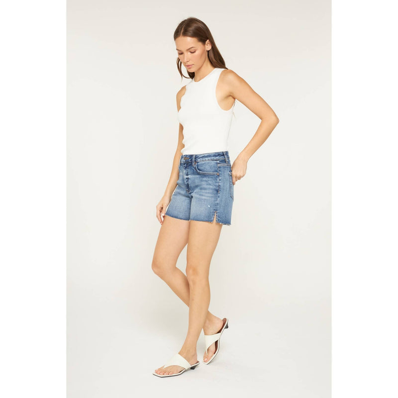 High Rise Raw Hem Denim Shorts
