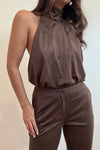 Brown faux suede halter top featuring a high neck and relaxed fit, perfect for stylish layering in Long Island boutique fashion.