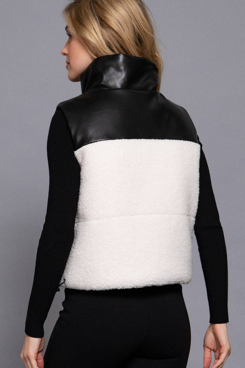 Reversible Faux Leather-Sherpa Contrast Padding Crop Vest