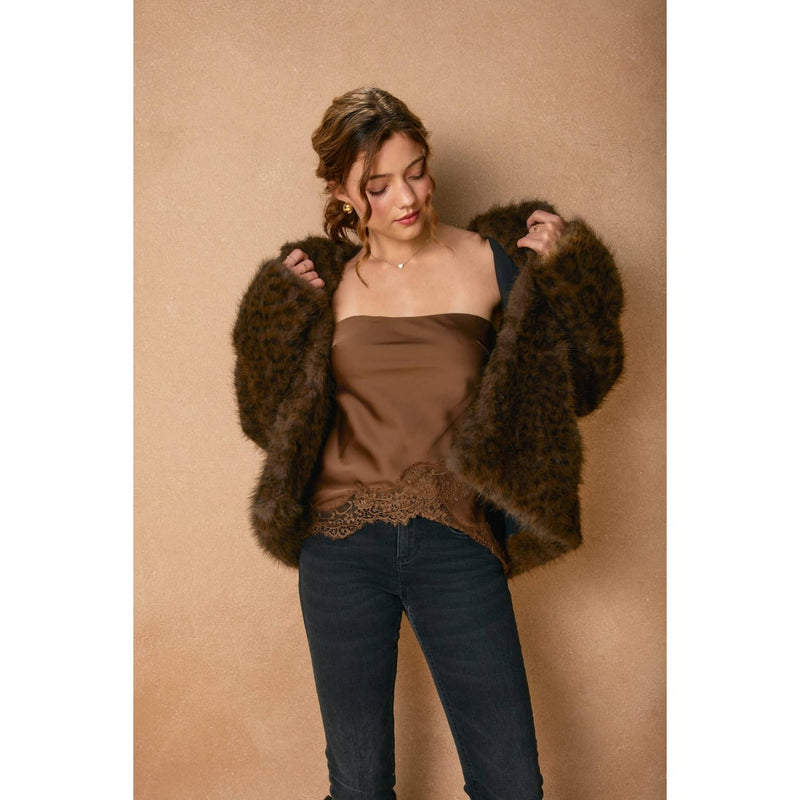 Sleek brown satin tube top featuring a delicate lace hem, perfect for elevating your style in Long Island boutique fashion.