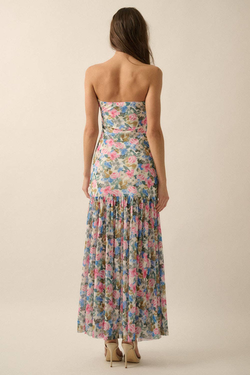 Floral Mesh Strapless Drop-Waist Maxi Dress