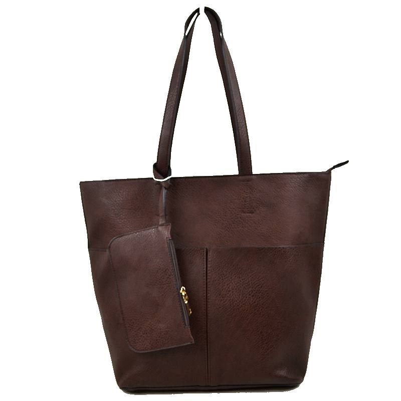Brown leather 3 in 1 fashion tote bag with a textured finish, dual handles, and a detachable pouch, perfect for versatile Long Island boutique fashion.