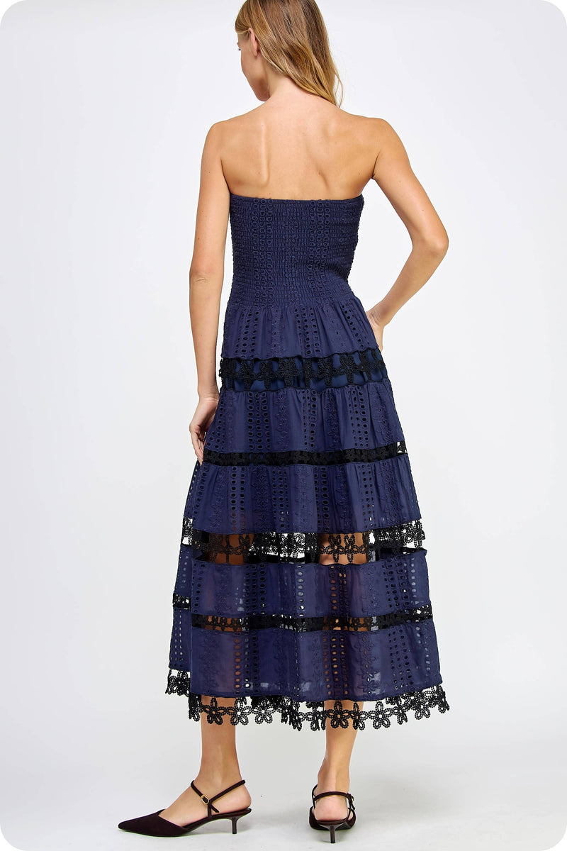 Color Block Smocked Eyelet Tube Midi Dress