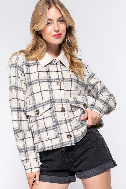 Long Sleeve Fur Collar Plaid Shacket