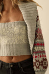 Cozy light gray alpine-knit shrug cardigan paired with a matching tube top featuring intricate Fair Isle patterns, perfect for Long Island boutique fashion.