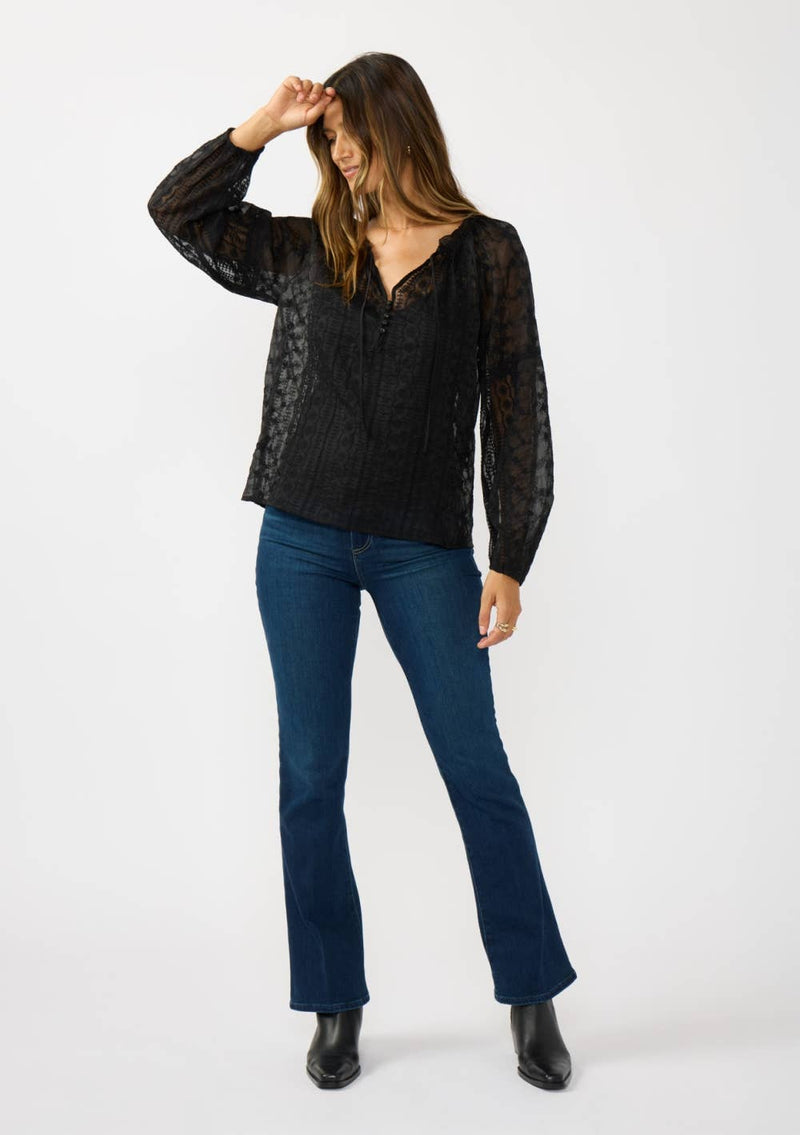 Long Sleeve Split Neck Lace Trim Chiffon Blouse