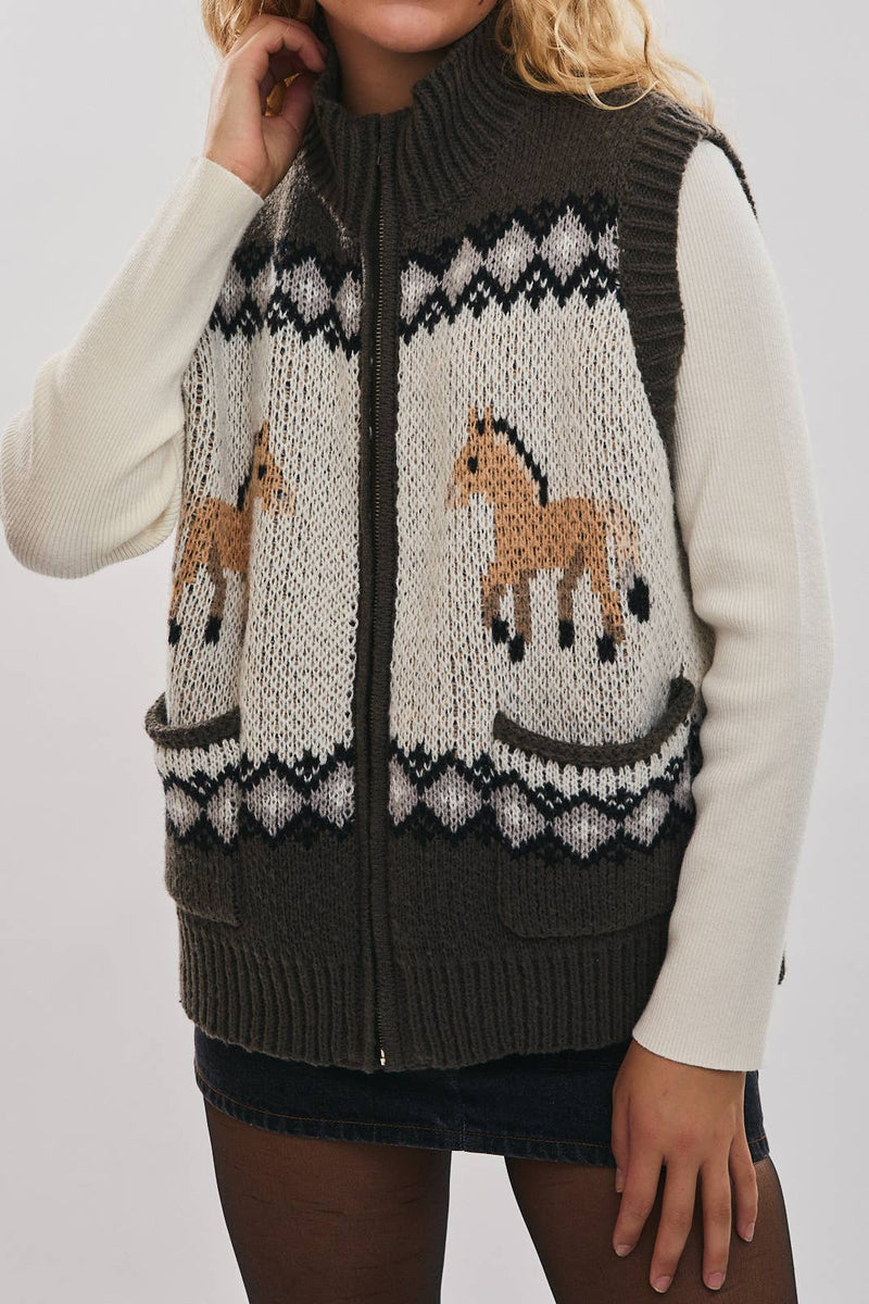 Horse Zip Up Sweater Vest