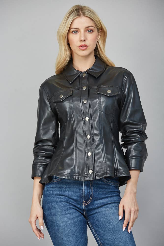 Faux leather peplum jacket in classic black, featuring a collared neck, button-up front, and stylish 3/4 sleeves, perfect for Long Island boutique fashion.