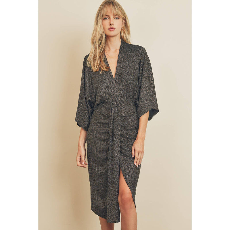 Metallic V-Neck Ruched Midi Dress