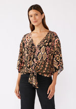 V-Neck Tie Front Kimono Sleeve Blouse