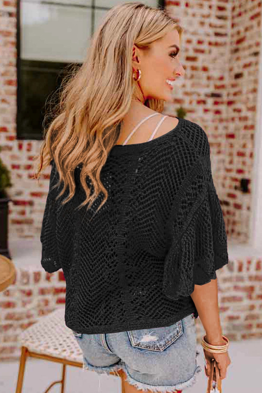 Pointelle Knit Scallop Edge Short Sleeve Top
