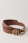 Brown leather belt featuring a stylish gold-tone buckle with three rings, perfect for enhancing any outfit in Long Island boutique fashion.