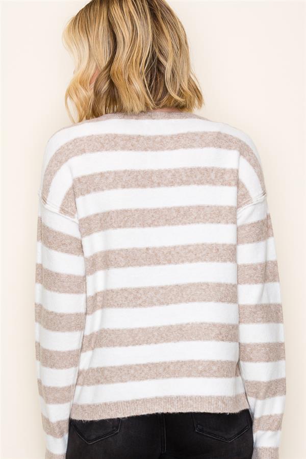 Super soft crew neck sweater featuring bold beige and white stripes, perfect for casual Long Island boutique fashion outfits.