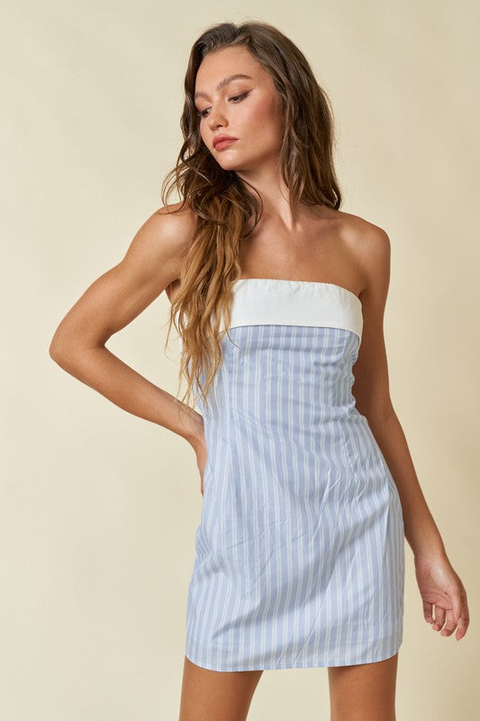 Striped Fold Over Tube Mini Dress