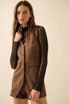 Brown faux suede sleeveless snap-front vest romper features a tailored fit with side pockets, ideal for Long Island boutique fashion.