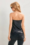 Sleek black satin tube top featuring a delicate lace hem, ideal for a chic look at any Long Island women’s boutique event.