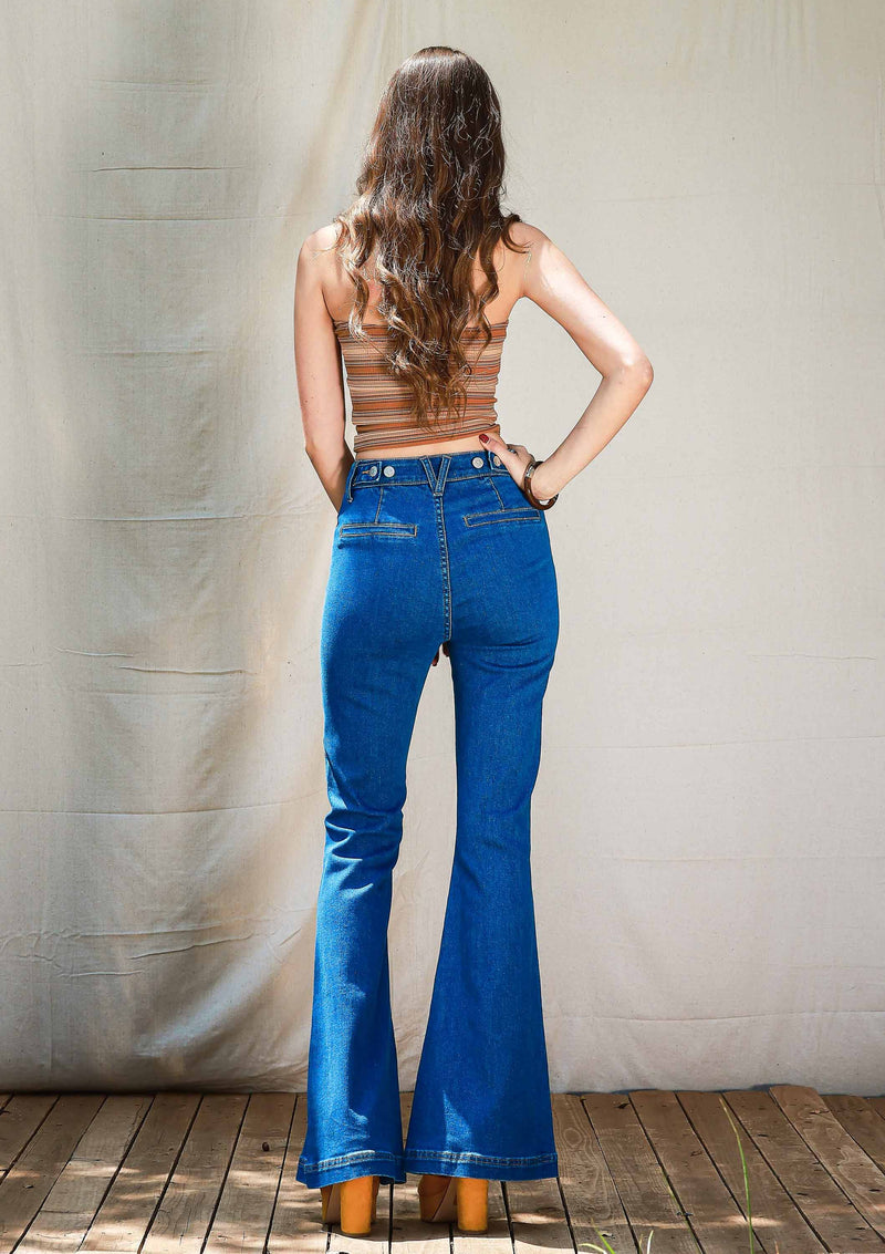 High Rise Flare Jeans With Waist Snap