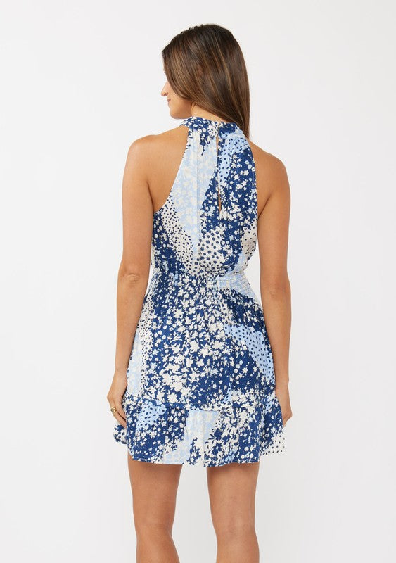 Floral Patchwork Halter Neck Mini Dress