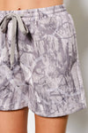 Relaxed fit Blake camo sweat shorts in shades of gray with an elastic waistband and drawstring, perfect for casual wear from a Long Island boutique fashion.