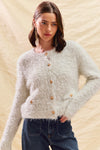 Fluffy Sweater Cardigan Knit Top With Gold Buttons
