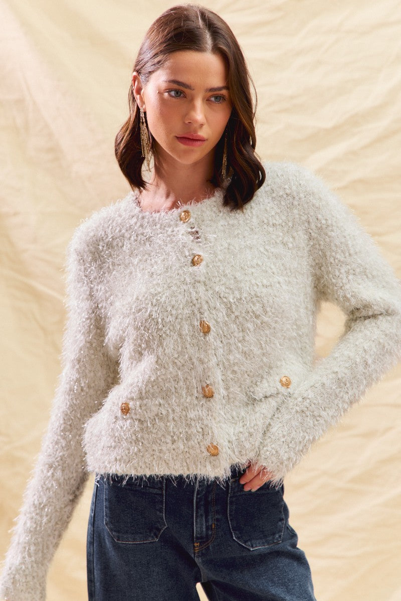 Fluffy Sweater Cardigan Knit Top With Gold Buttons