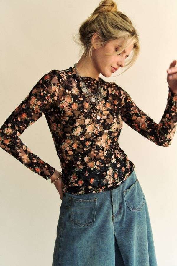 Floral Print Mesh Long Sleeve Layering Top