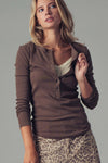 Model wearing brown ribbed Henley long sleeve top with button-up neckline — fitted everyday tee available at TandyWear Boutique in Commack, NY.