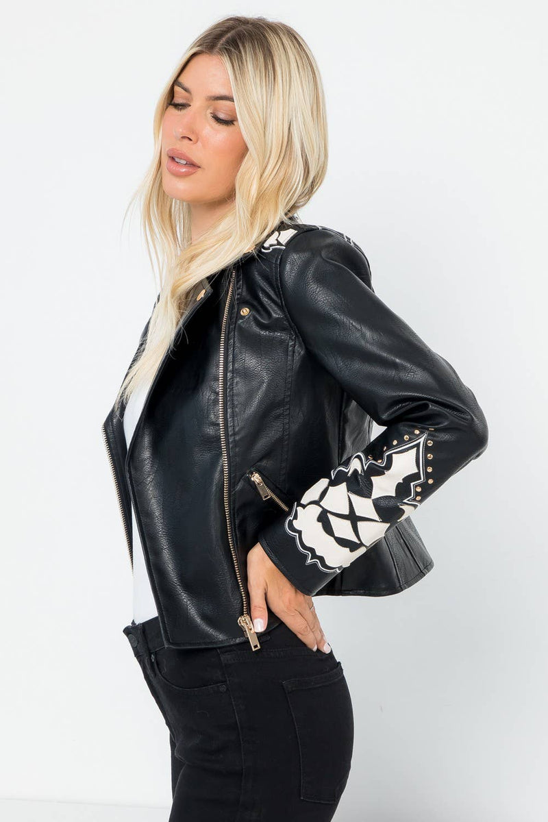 Vegan Leather Moto Jacket - Embroidery Applique Detail