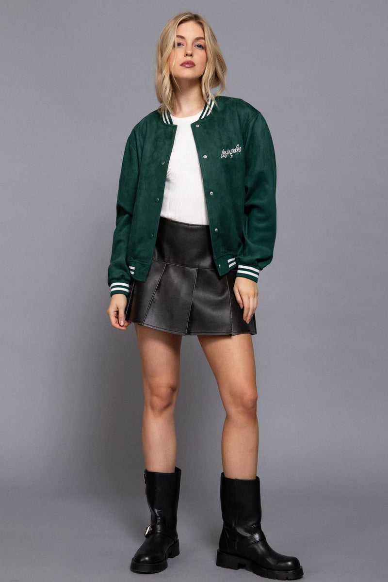 Long Sleeve Embroidery Detail Faux Suede Varsity Jacket