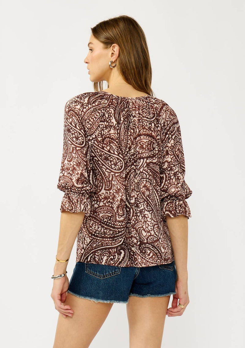 Smocked Paisley Split Neck Blouse