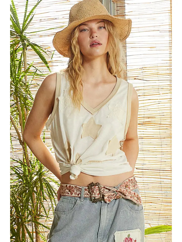 V-Neck Sleeveless Star Patches Top