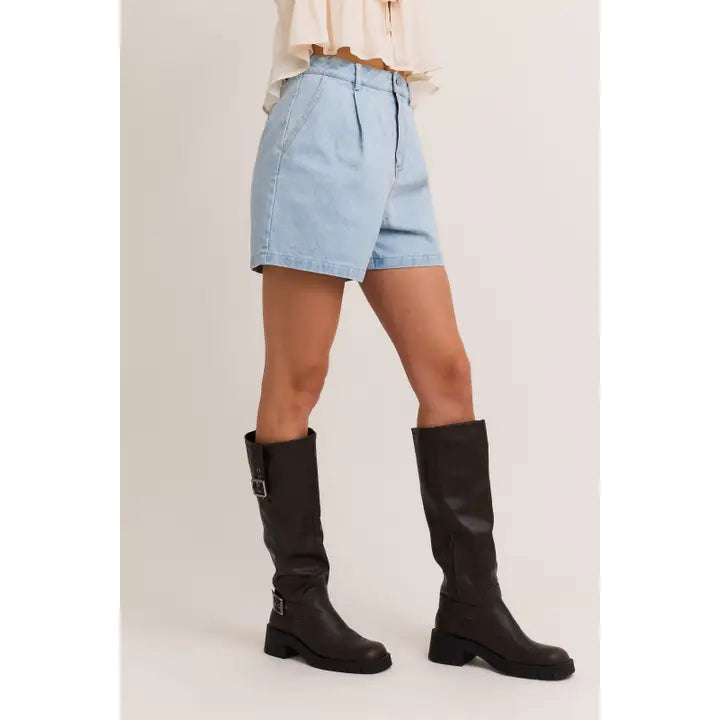 Pleated Denim Shorts