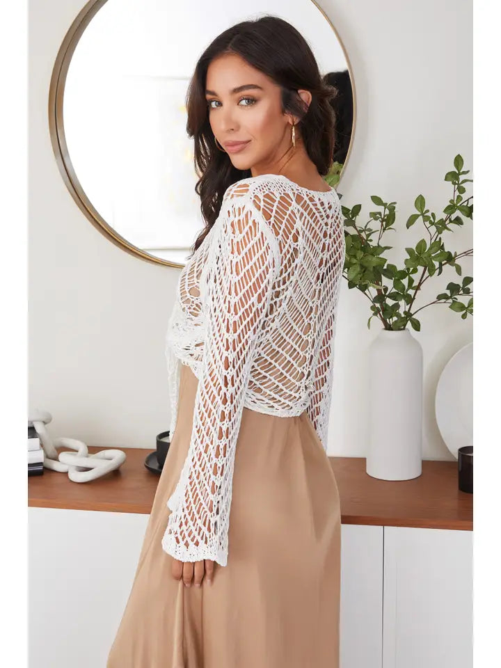 Open Knit Crochet Tie Top with Bell Sleeve - White