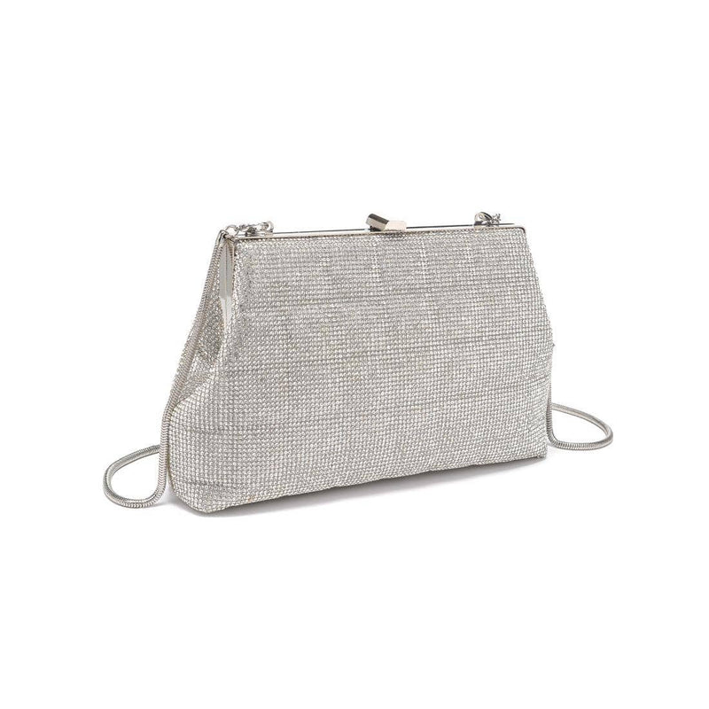 Karla Evening Bag in silver rhinestone mesh with chain strap and clasp closure — elegant, sparkling clutch available at TandyWear Boutique in Commack, NY.