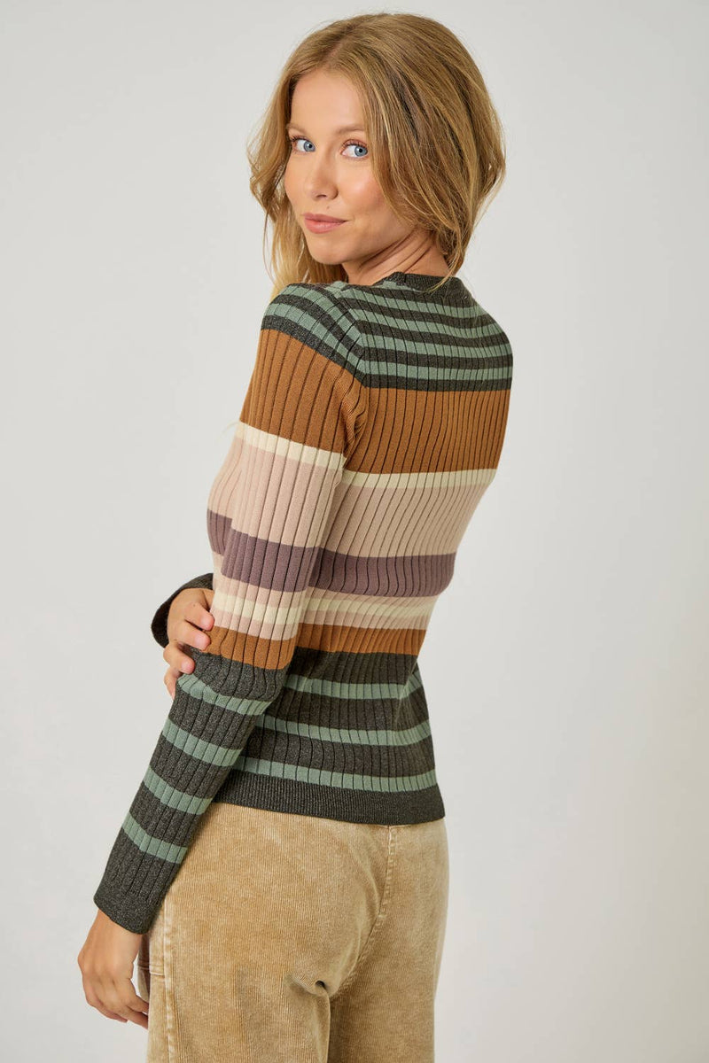 Ribbed color block striped sweater top featuring earthy tones, long sleeves, and a fitted silhouette for a chic look in Long Island boutique fashion.