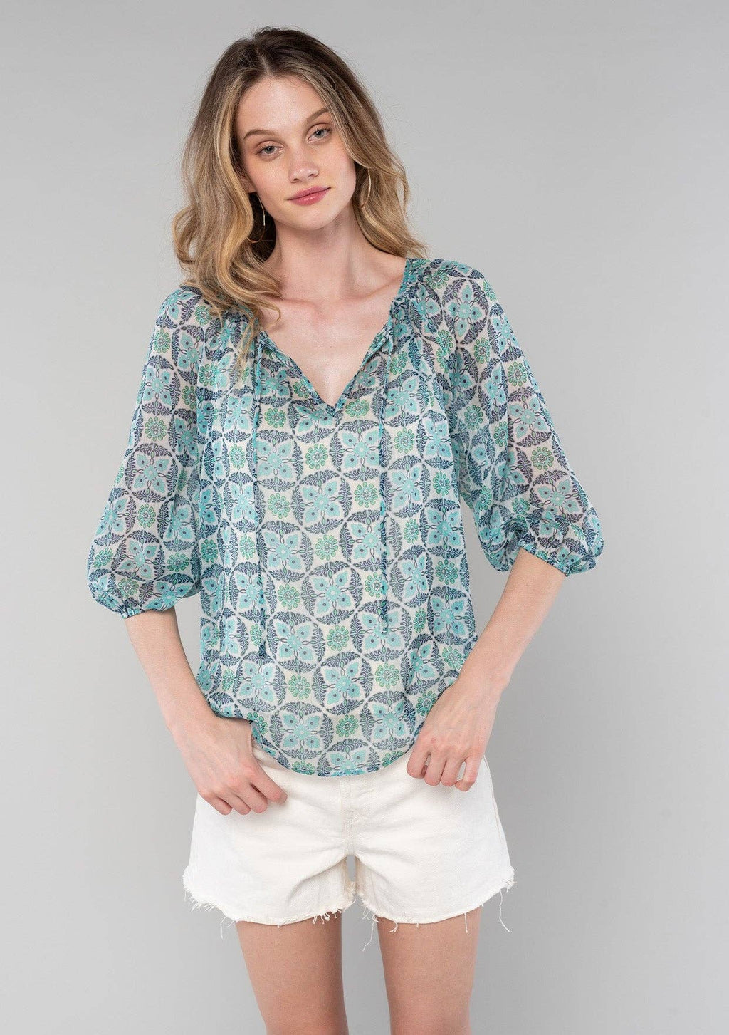 Sheer 3/4 Sleeve Vibrant Floral Blouse