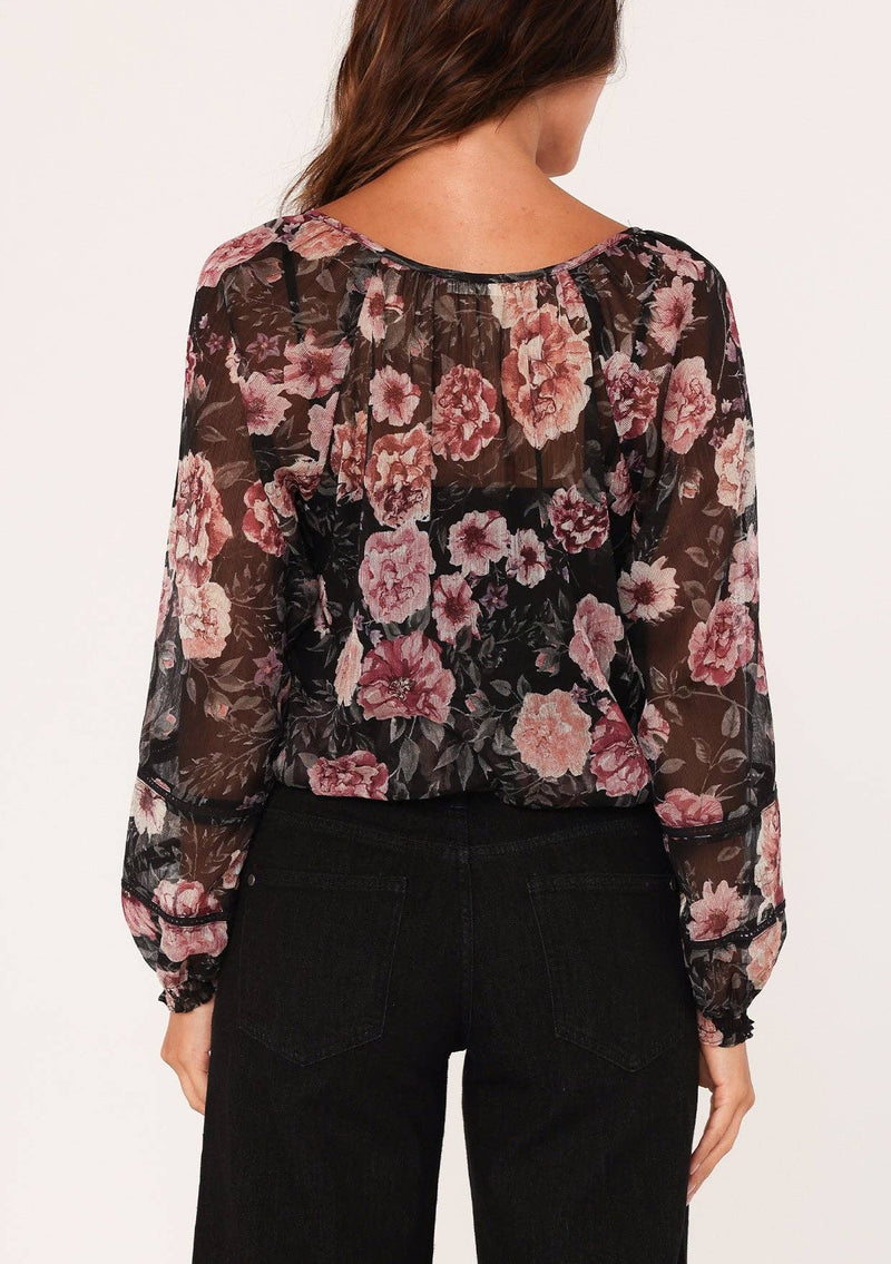 Sheer Floral Smocked Tie Neck Blouse