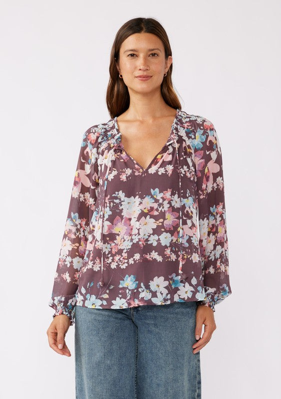 Smocked Neck Floral Chiffon Top