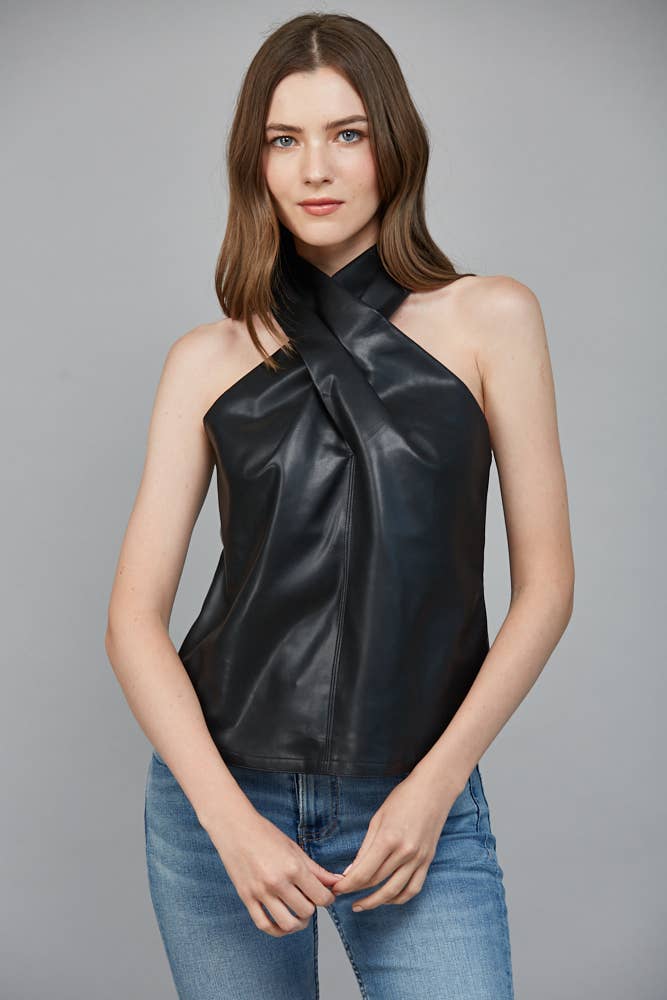 Sleek black faux leather sleeveless top with a stylish crisscross design, perfect for a chic look in Long Island boutique fashion.