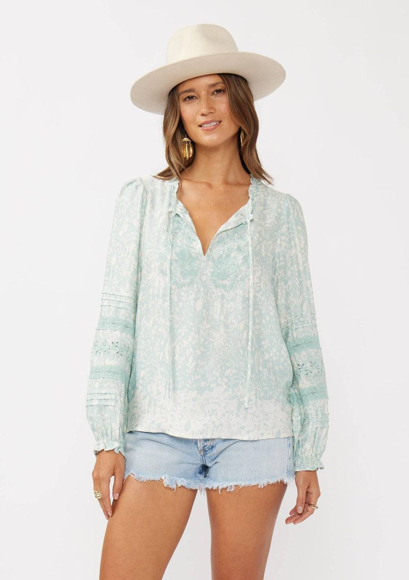 Floral Embroidered Lace-Trim Split Neck Blouse