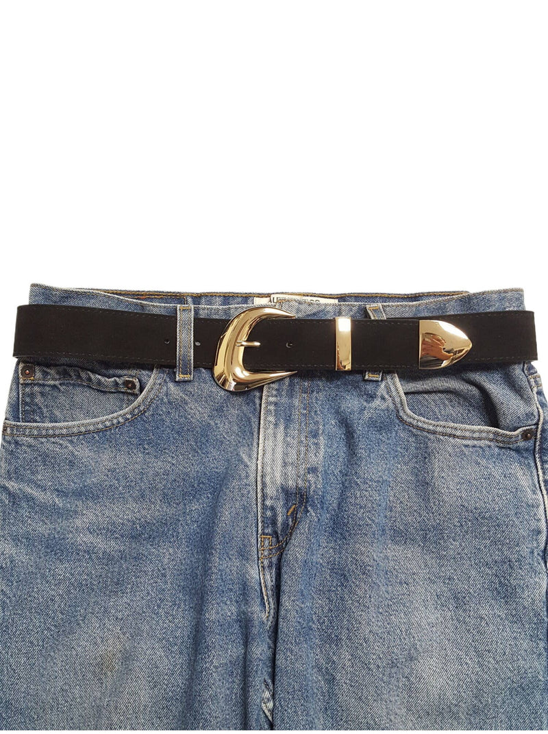 Genuine suede leather belt in black featuring a trendy gold buckle and loop, perfect for enhancing any outfit in Long Island boutique fashion.